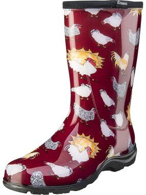Women's Red Waterproof Garden Chelsea Rain Boots Rubber Cute Midcalf Boots